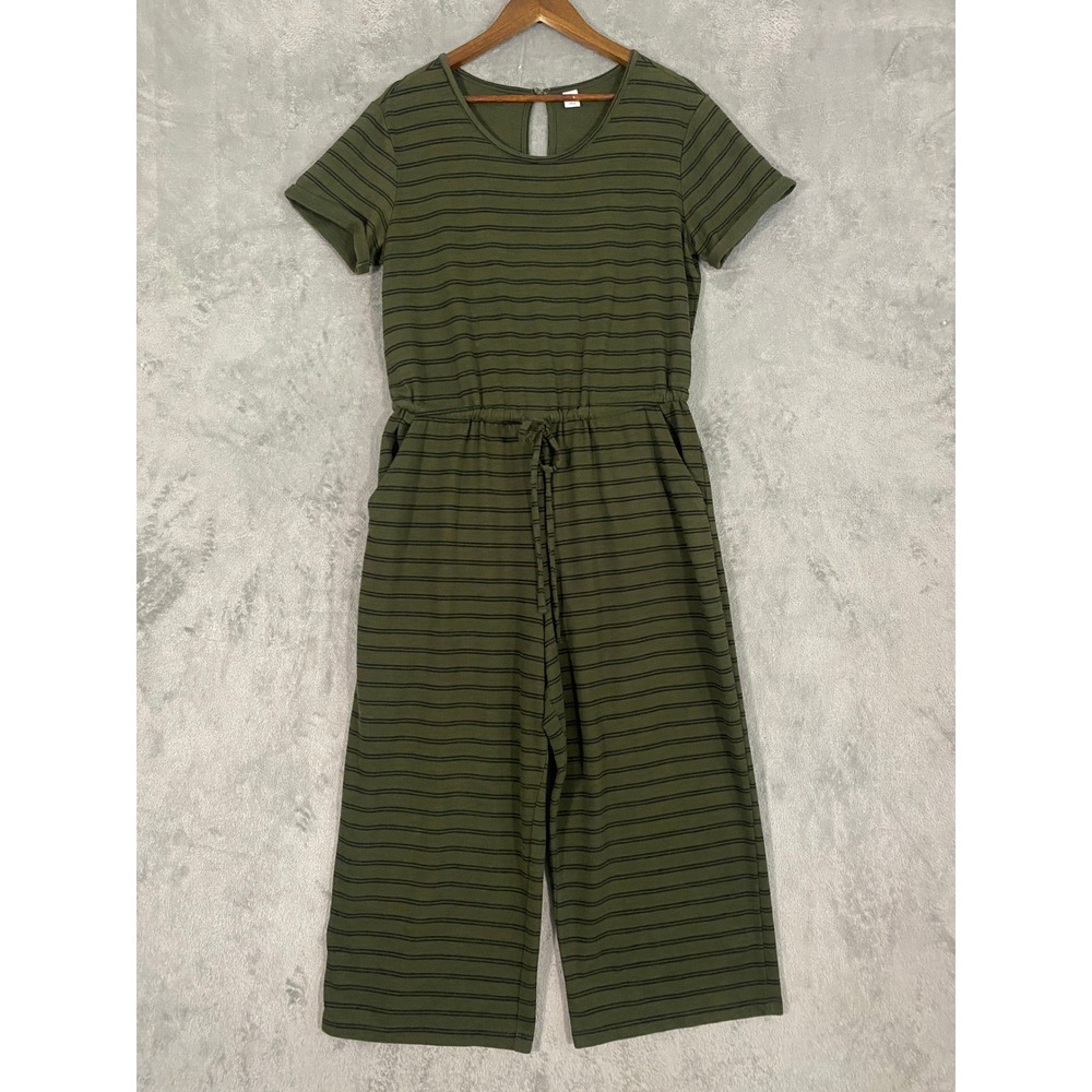 Old Navy Jumpsuit Sz L Olive Green Striped Wide Leg Short Sleeve Cropped Relaxed